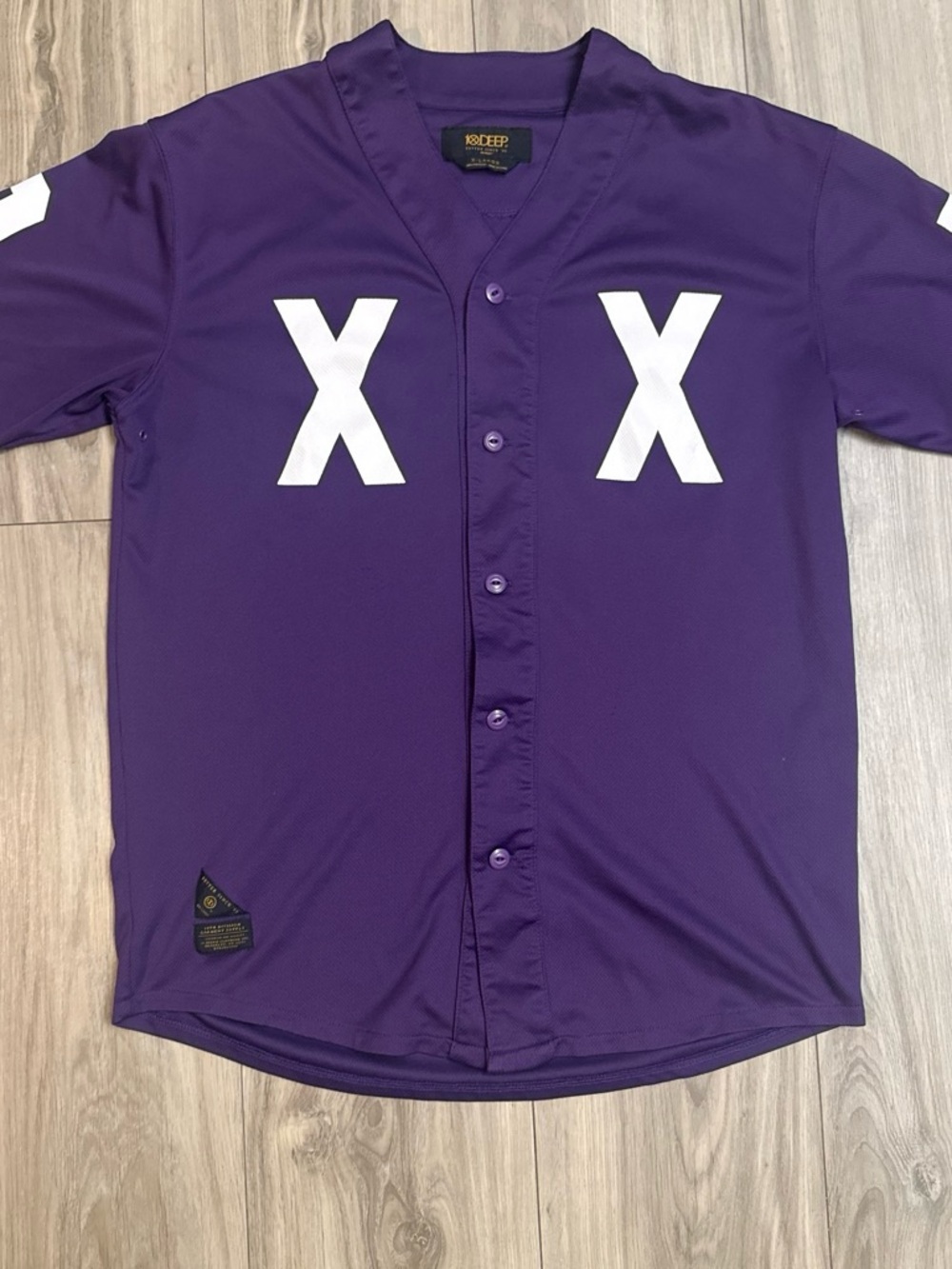 10.Deep Purple Button-Up Baseball Jersey with White X Prints